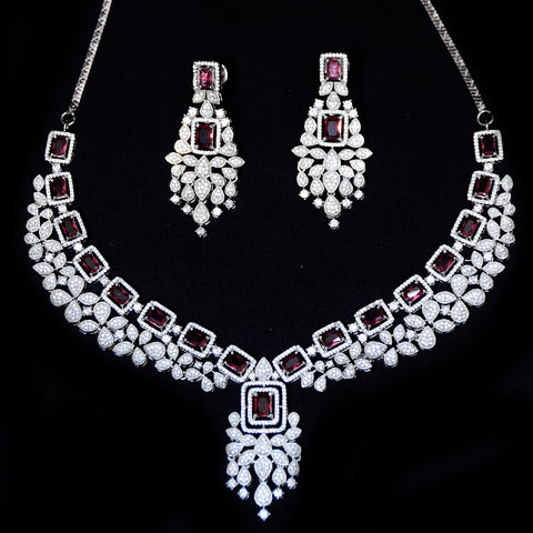 Designer Semi-Precious American Diamond & Ruby Necklace with Earrings (D456)