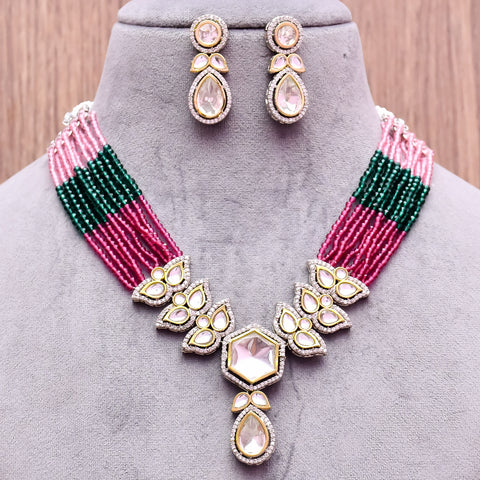 Designer Semi-Precious American Diamond & Multi Color Beads Necklace with Earrings (D624)