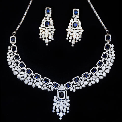 Designer Semi-Precious American Diamond & Blue Sapphire Necklace with Earrings (D457)