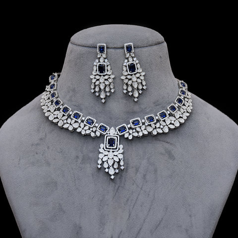 Designer Semi-Precious American Diamond & Blue Sapphire Necklace with Earrings (D457)