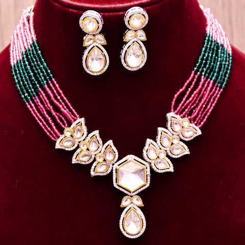 Designer Semi-Precious American Diamond & Multi Color Beads Necklace with Earrings (D624)