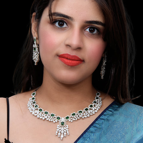 Designer Semi-Precious American Diamond & Green Emerald Necklace with Earrings (D458)
