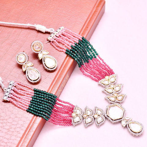 Designer Semi-Precious American Diamond & Multi Color Beads Necklace with Earrings (D624)