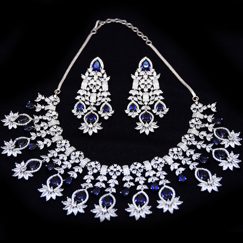 Designer Semi-Precious American Diamond & Blue Sappire Necklace with Earrings (D452)