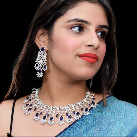 Designer Semi-Precious American Diamond & Blue Sappire Necklace with Earrings (D452)