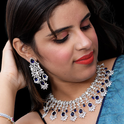 Designer Semi-Precious American Diamond & Blue Sappire Necklace with Earrings (D452)