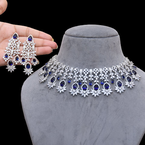 Designer Semi-Precious American Diamond & Blue Sappire Necklace with Earrings (D452)