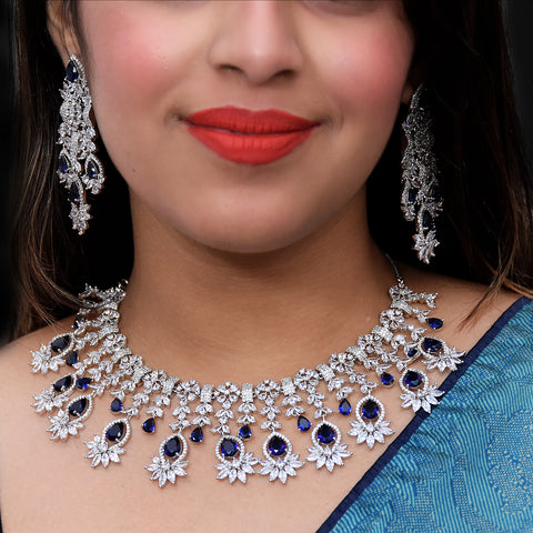 Designer Semi-Precious American Diamond & Blue Sappire Necklace with Earrings (D452)