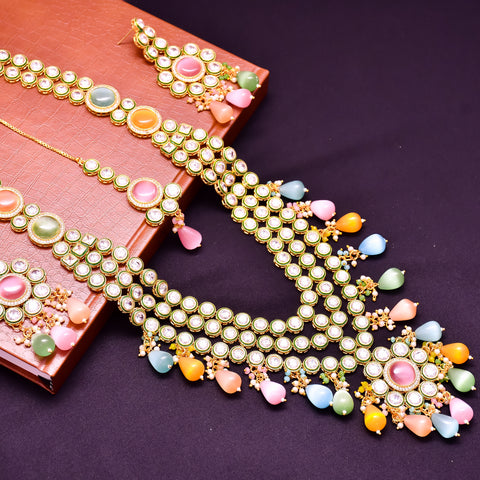 Multiple Line Kundan With Multi Color Stone Long Necklace (D623)