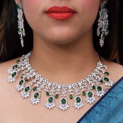 Designer Semi-Precious American Diamond & Green Emerald Necklace with Earrings (D451)