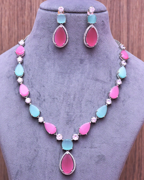 Designer Semi-Precious American Diamond Pink & Blue Color Stone Necklace with Earrings (D628)
