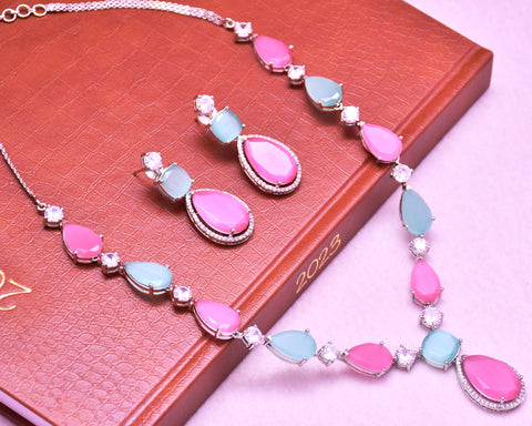 Designer Semi-Precious American Diamond Pink & Blue Color Stone Necklace with Earrings (D628)