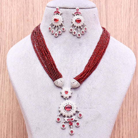 Designer Semi-Precious American Diamond Ruby Beads Necklace with Earrings (D622)