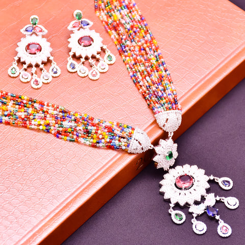 Designer Semi-Precious American Diamond Multi Color Beads Necklace with Earrings (D621)