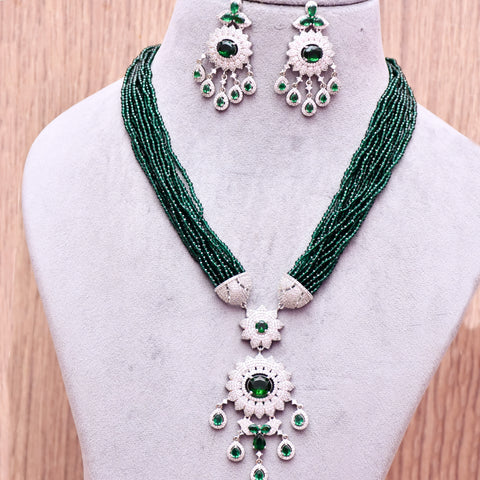 Designer Semi-Precious American Diamond Green Beads Necklace with Earrings (D620)