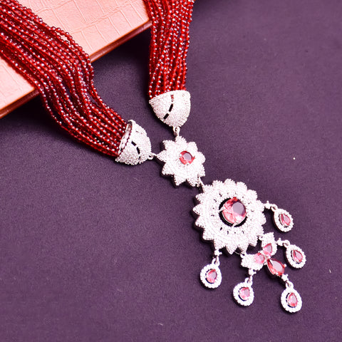 Designer Semi-Precious American Diamond Ruby Beads Necklace with Earrings (D622)