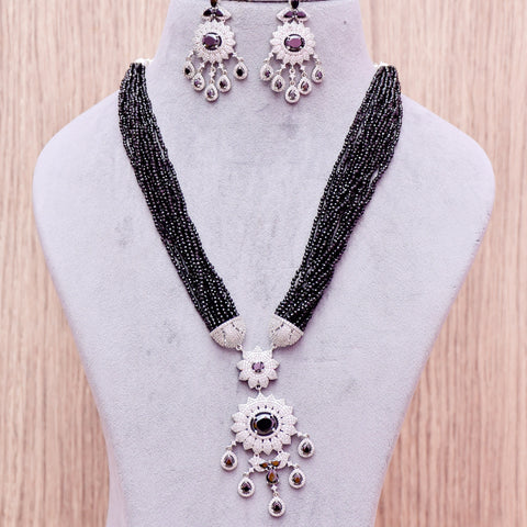 Designer Semi-Precious American Diamond Black Beads Necklace with Earrings (D619)
