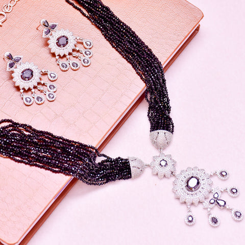 Designer Semi-Precious American Diamond Black Beads Necklace with Earrings (D619)