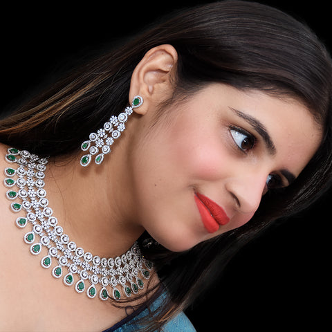Designer Semi-Precious American Diamond & Green Emerald Necklace with Earrings (D460)