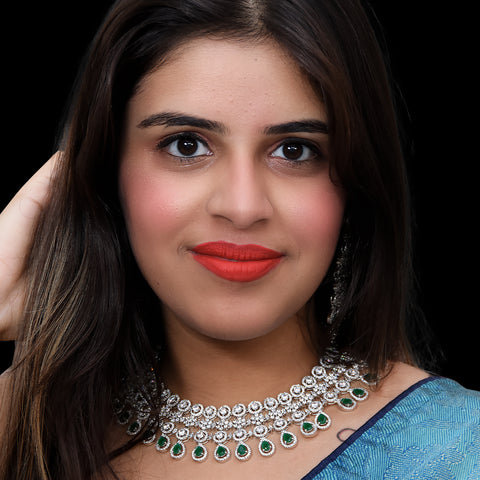 Designer Semi-Precious American Diamond & Green Emerald Necklace with Earrings (D460)