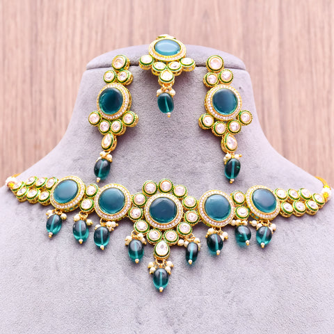 Designer Gold Plated Royal Kundan With Green Color Necklace & Earrings (D616)
