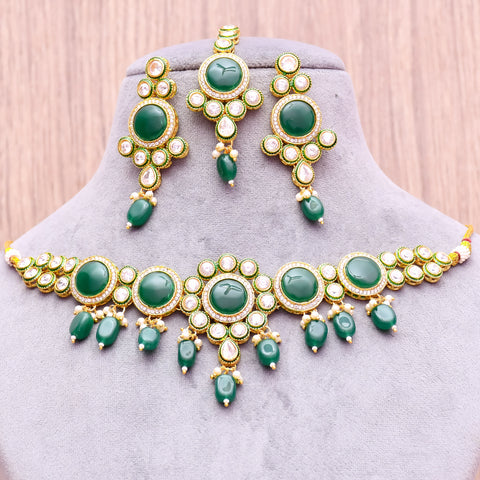 Designer Gold Plated Royal Kundan With Green Color Necklace & Earrings (D615)