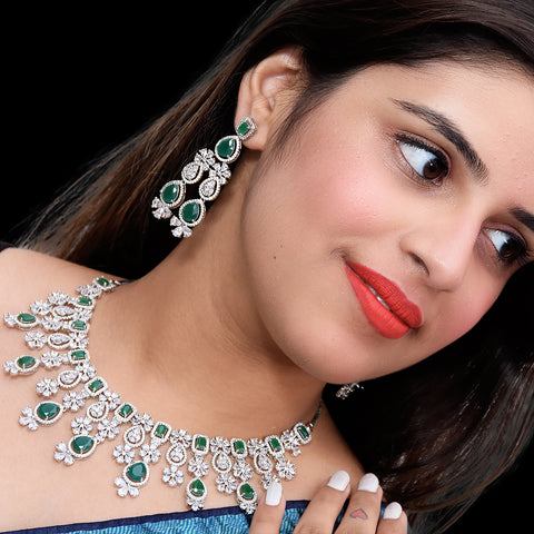Designer Semi-Precious American Diamond & Green Emerald Necklace with Earrings (D455)