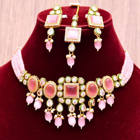 Designer Gold Plated Royal Kundan With Pink Color Necklace & Earrings (D614)