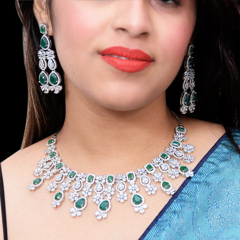 Designer Semi-Precious American Diamond & Green Emerald Necklace with Earrings (D455)