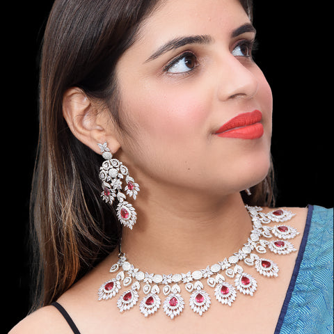 Designer Semi-Precious American Diamond & Ruby Necklace with Earrings (D471)