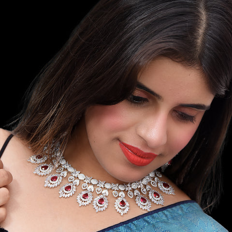 Designer Semi-Precious American Diamond & Ruby Necklace with Earrings (D471)