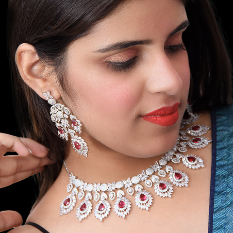 Designer Semi-Precious American Diamond & Ruby Necklace with Earrings (D471)