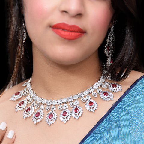 Designer Semi-Precious American Diamond & Ruby Necklace with Earrings (D471)
