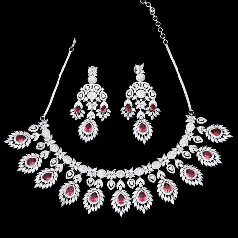 Designer Semi-Precious American Diamond & Ruby Necklace with Earrings (D471)