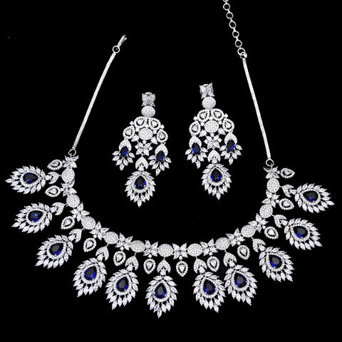 Designer Semi-Precious American Diamond & Blue Shpphire Necklace with Earrings (D472)