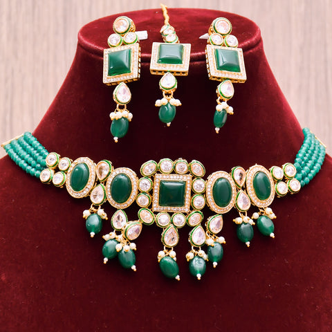 Designer Gold Plated Royal Kundan With Green Color Necklace & Earrings (D612)