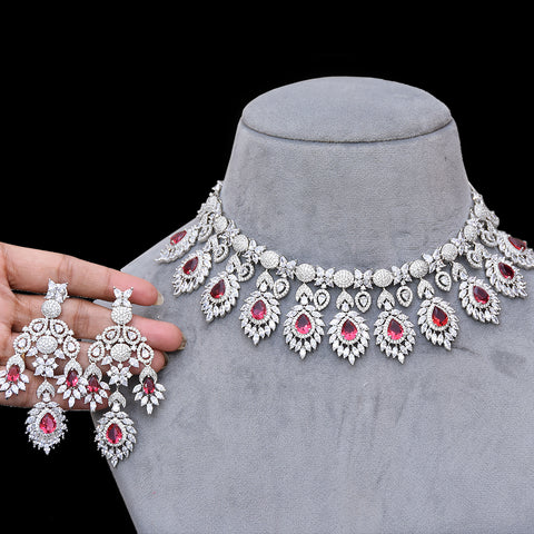 Designer Semi-Precious American Diamond & Ruby Necklace with Earrings (D471)
