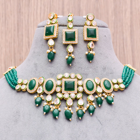 Designer Gold Plated Royal Kundan With Green Color Necklace & Earrings (D612)