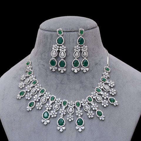 Designer Semi-Precious American Diamond & Green Emerald Necklace with Earrings (D455)