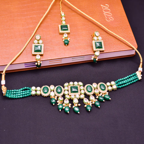 Designer Gold Plated Royal Kundan With Green Color Necklace & Earrings (D612)