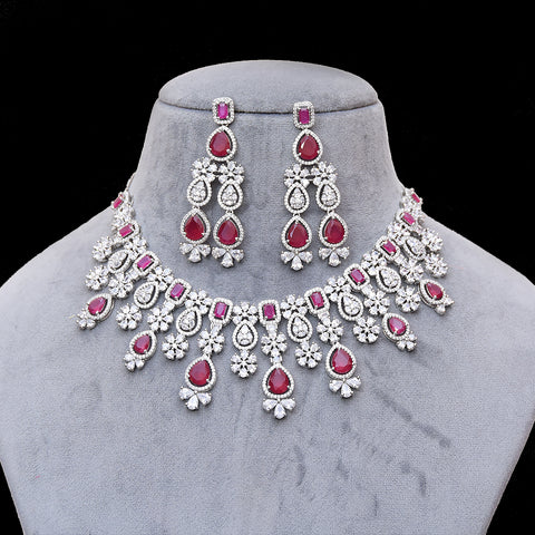 Designer Semi-Precious American Diamond & Ruby Necklace with Earrings (D454)