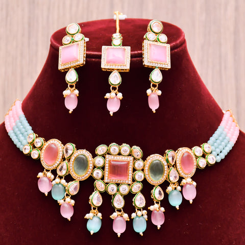 Designer Gold Plated Royal Kundan With Multi Color Necklace & Earrings (D611)