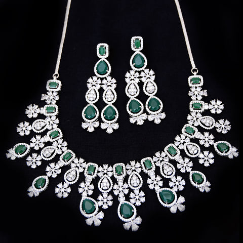 Designer Semi-Precious American Diamond & Green Emerald Necklace with Earrings (D455)
