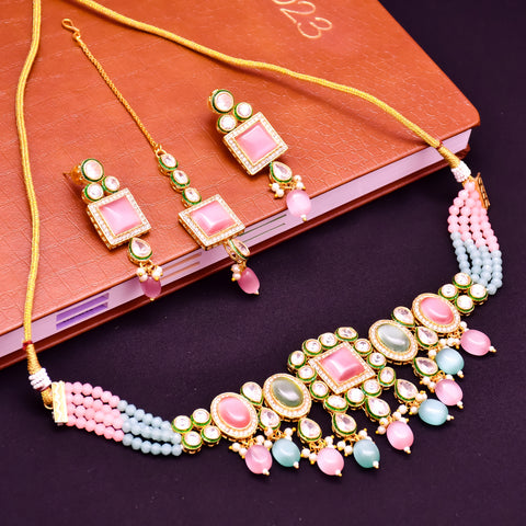 Designer Gold Plated Royal Kundan With Multi Color Necklace & Earrings (D611)