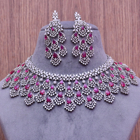 Designer Semi-Precious American Diamond & Ruby Necklace with Earrings (D668)