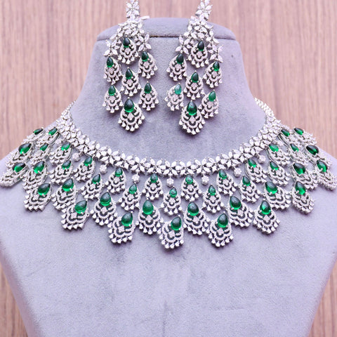 Designer Semi-Precious American Diamond & Emerald Necklace with Earrings (D669)