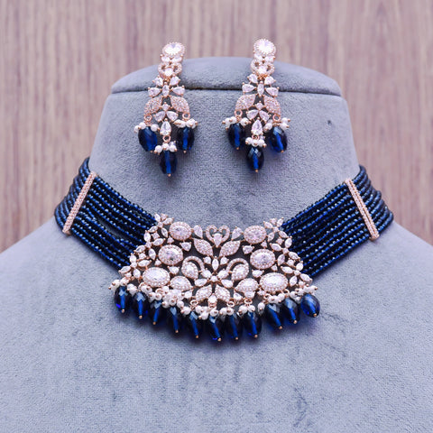Designer Semi-Precious American Diamond & Blue Color Beads Necklace with Earrings (D659)