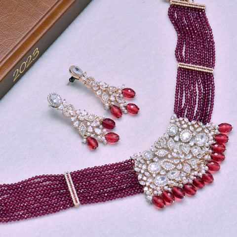 Designer Semi-Precious American Diamond & Ruby Color Beads Necklace with Earrings (D658)