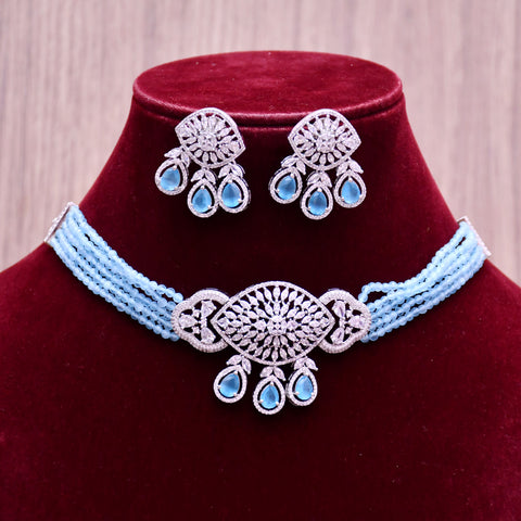 Designer Semi-Precious American Diamond Sky Blue Color Beads Necklace with Earrings (D662)