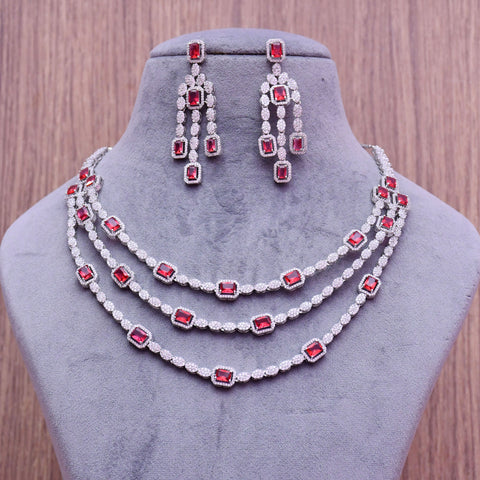 Designer Semi-Precious American Diamond & Ruby Necklace with Earrings (D660)